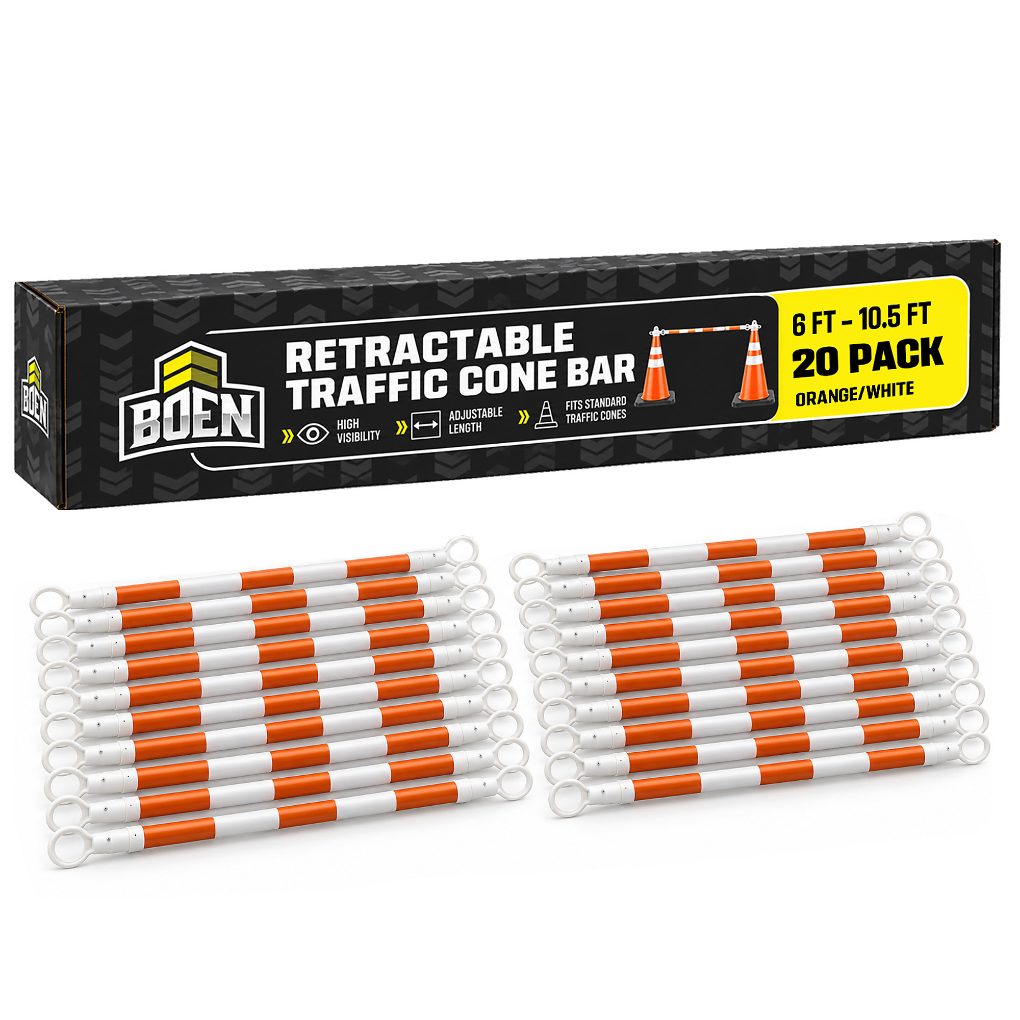 Boen Retractable Cone Bar 6 ft. to 10.5 ft., 20-Pack, White/Orange Traffic Barricade Bar for Road Work, Parking Lots & Restricted Areas